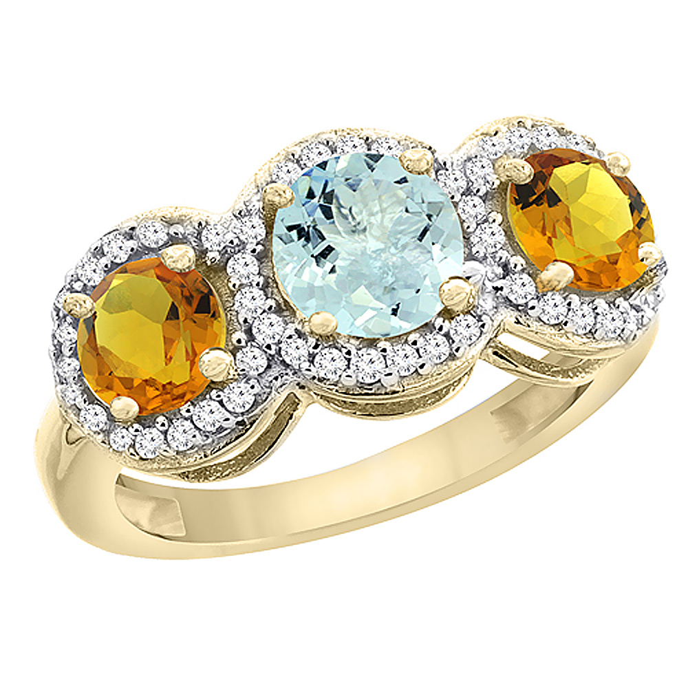 10K Yellow Gold Natural Aquamarine &amp; Citrine Sides Round 3-stone Ring Diamond Accents, sizes 5 - 10