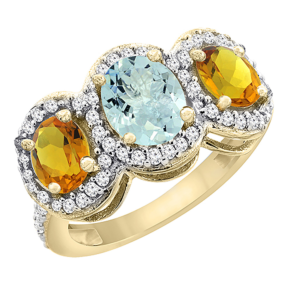 14K Yellow Gold Natural Aquamarine & Citrine 3-Stone Ring Oval Diamond Accent, sizes 5 - 10