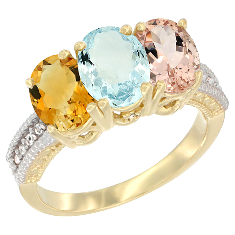 10K Yellow Gold Diamond Natural Citrine, Aquamarine & Morganite Ring 3-Stone 7x5 mm Oval, sizes 5 - 10
