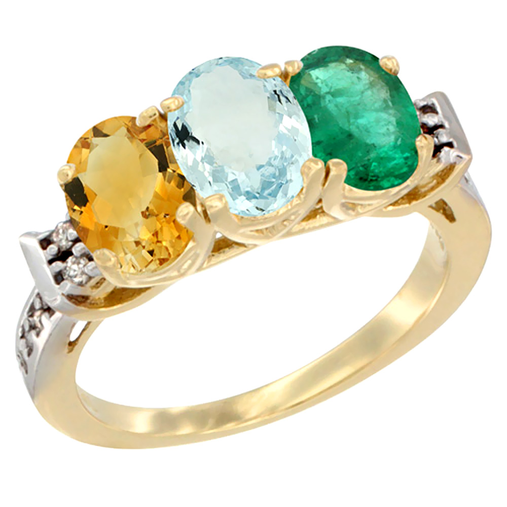 10K Yellow Gold Natural Citrine, Aquamarine & Emerald Ring 3-Stone Oval 7x5 mm Diamond Accent, sizes 5 - 10