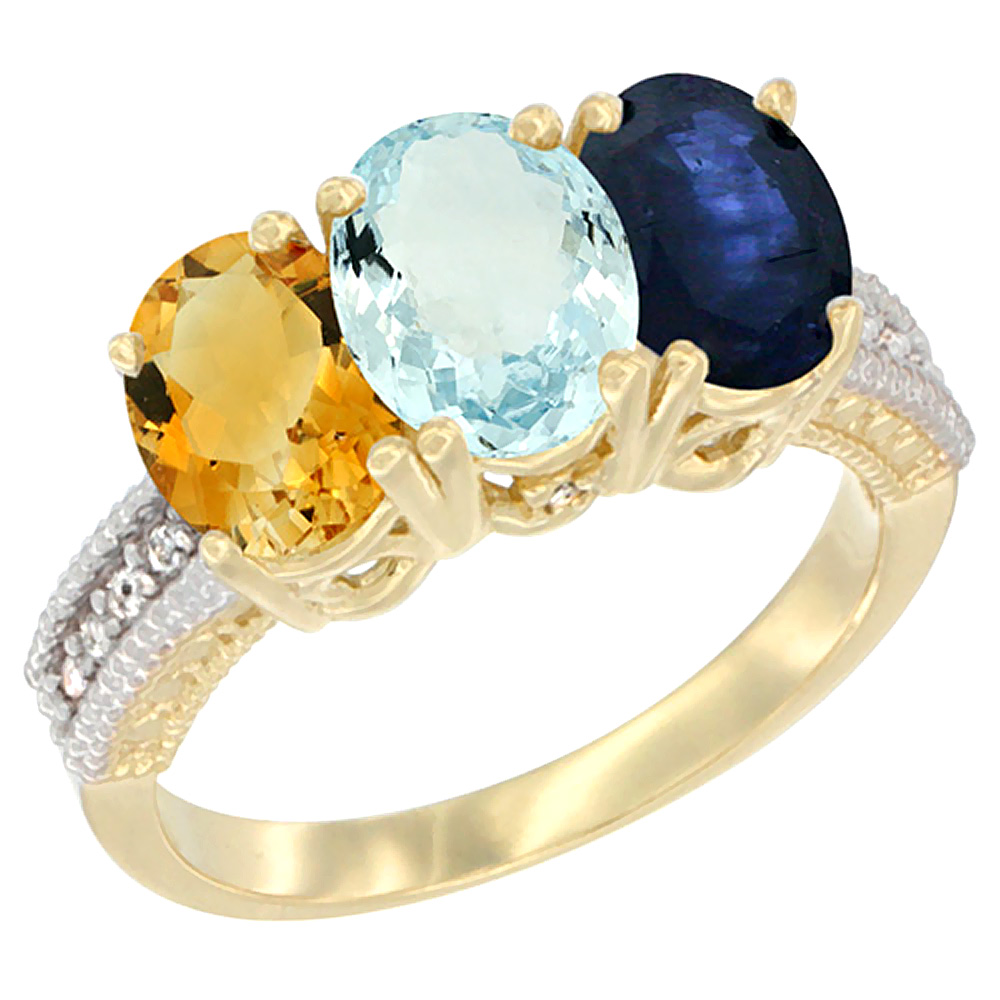 14K Yellow Gold Natural Citrine, Aquamarine & Blue Sapphire Ring 3-Stone 7x5 mm Oval Diamond Accent, sizes 5 - 10