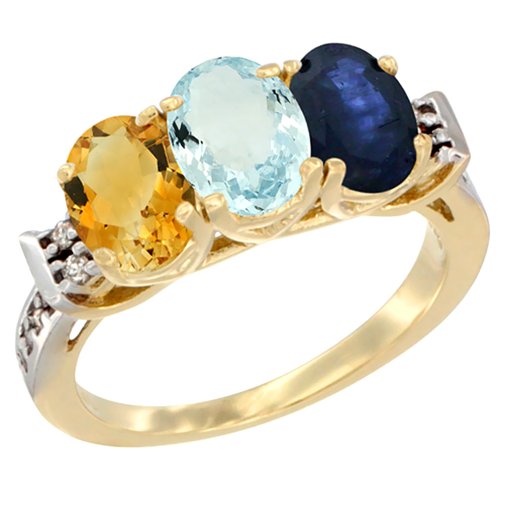 14K Yellow Gold Natural Citrine, Aquamarine &amp; Blue Sapphire Ring 3-Stone 7x5 mm Oval Diamond Accent, sizes 5 - 10