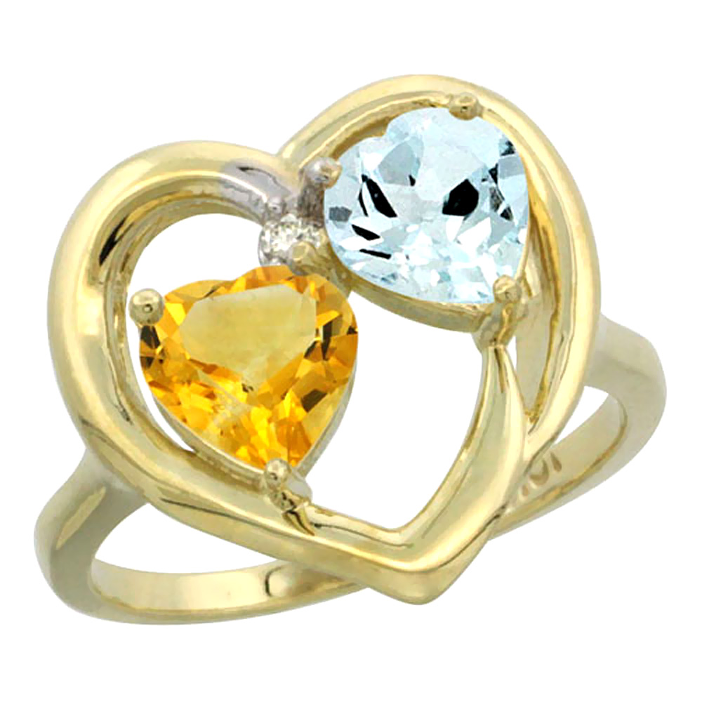 14K Yellow Gold Diamond Two-stone Heart Ring 6mm Natural Citrine &amp; Aquamarine, sizes 5-10
