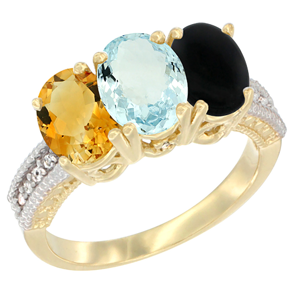 14K Yellow Gold Natural Citrine, Aquamarine & Black Onyx Ring 3-Stone 7x5 mm Oval Diamond Accent, sizes 5 - 10