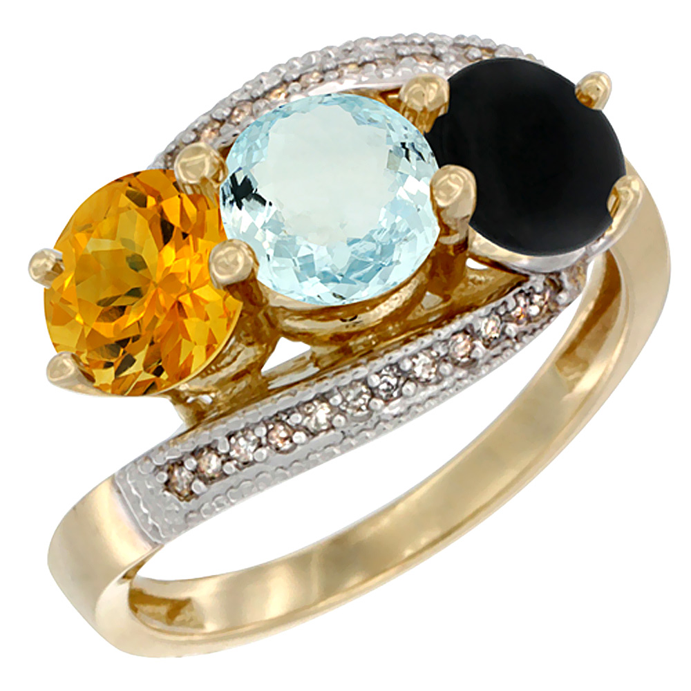 10K Yellow Gold Natural Citrine, Aquamarine &amp; Black Onyx 3 stone Ring Round 6mm Diamond Accent, sizes 5 - 10