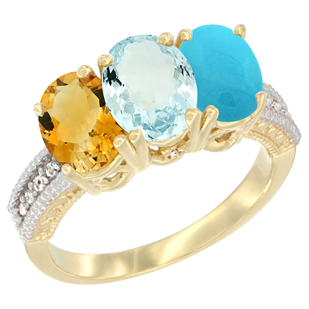 14K Yellow Gold Natural Citrine, Aquamarine & Turquoise Ring 3-Stone 7x5 mm Oval Diamond Accent, sizes 5 - 10