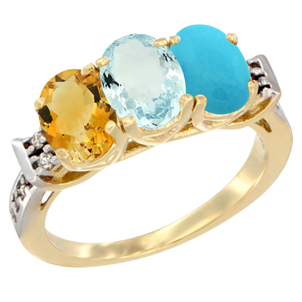 10K Yellow Gold Natural Citrine, Aquamarine &amp; Turquoise Ring 3-Stone Oval 7x5 mm Diamond Accent, sizes 5 - 10