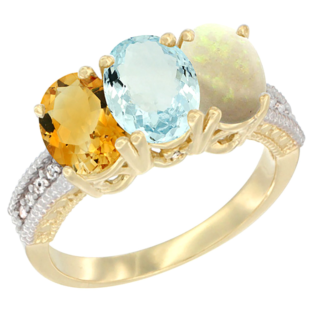 14K Yellow Gold Natural Citrine, Aquamarine & Opal Ring 3-Stone 7x5 mm Oval Diamond Accent, sizes 5 - 10