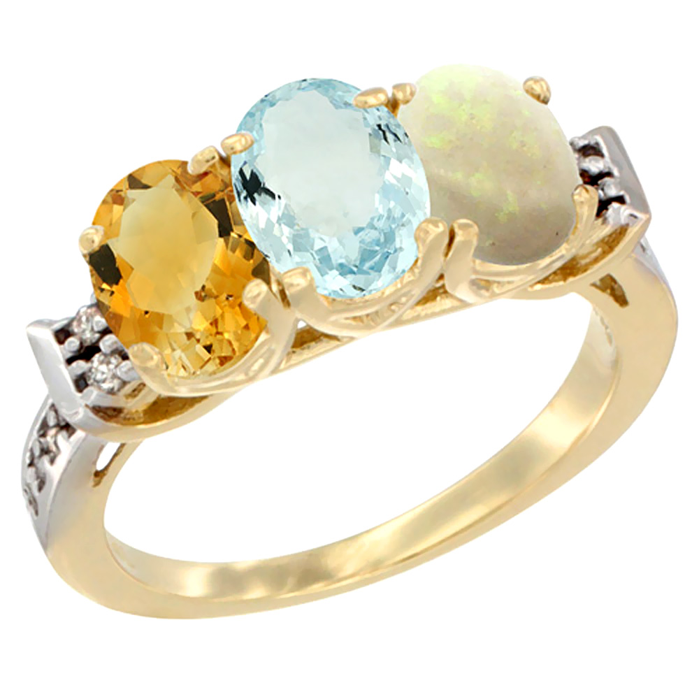 10K Yellow Gold Natural Citrine, Aquamarine & Opal Ring 3-Stone Oval 7x5 mm Diamond Accent, sizes 5 - 10