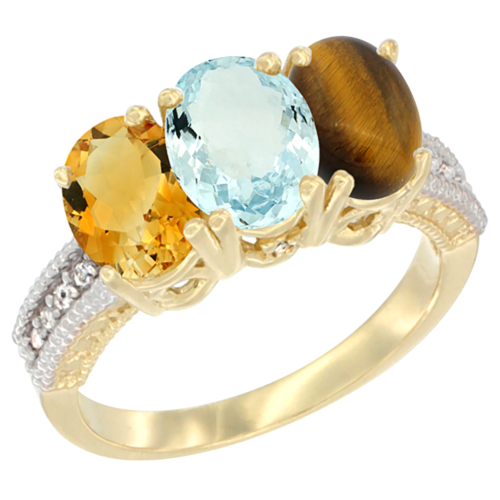 10K Yellow Gold Diamond Natural Citrine, Aquamarine & Tiger Eye Ring 3-Stone 7x5 mm Oval, sizes 5 - 10