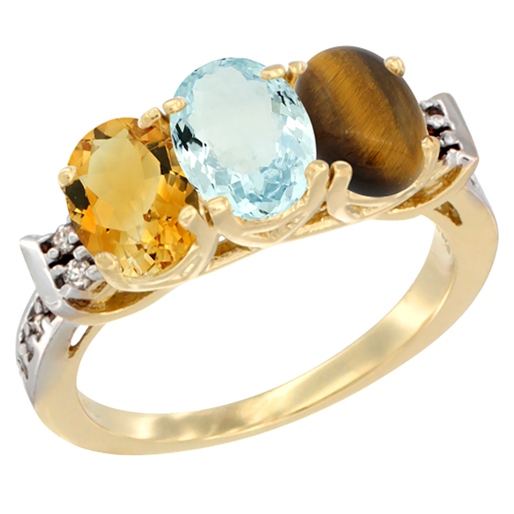10K Yellow Gold Natural Citrine, Aquamarine &amp; Tiger Eye Ring 3-Stone Oval 7x5 mm Diamond Accent, sizes 5 - 10