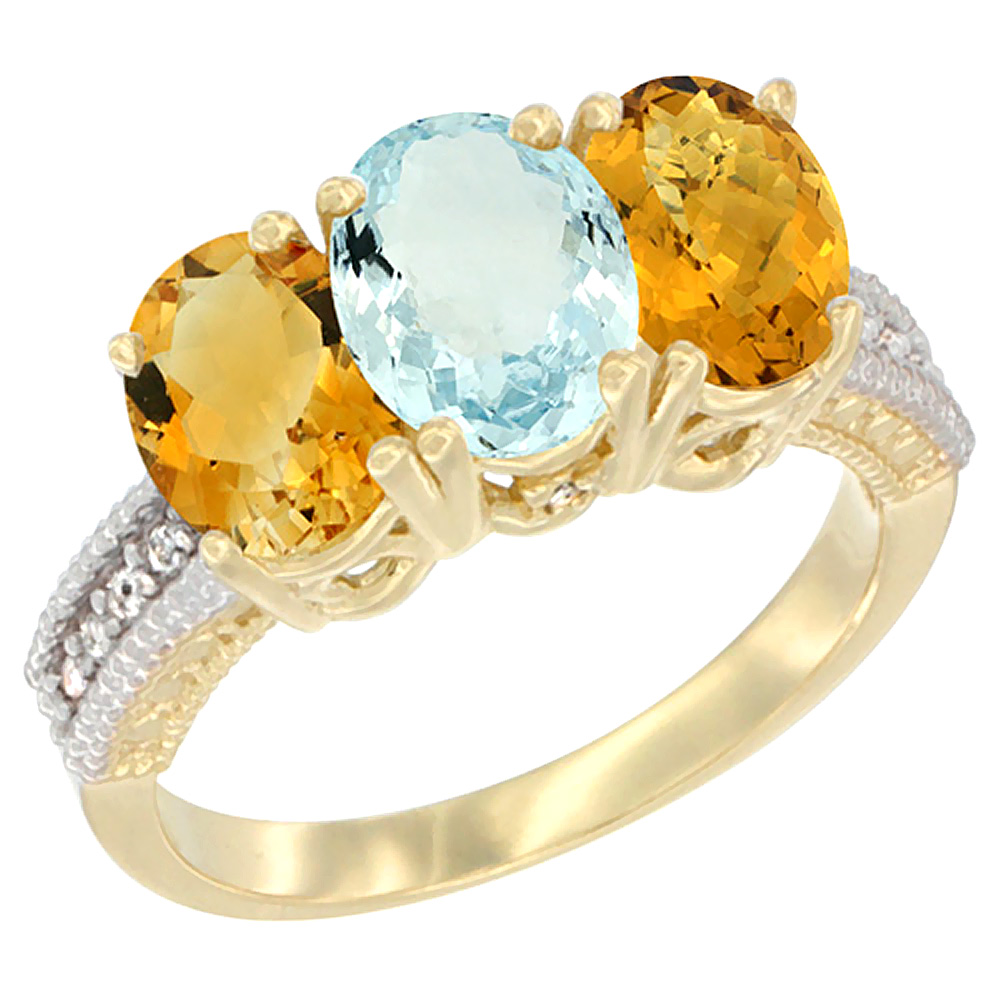 10K Yellow Gold Diamond Natural Citrine, Aquamarine &amp; Whisky Quartz Ring 3-Stone 7x5 mm Oval, sizes 5 - 10