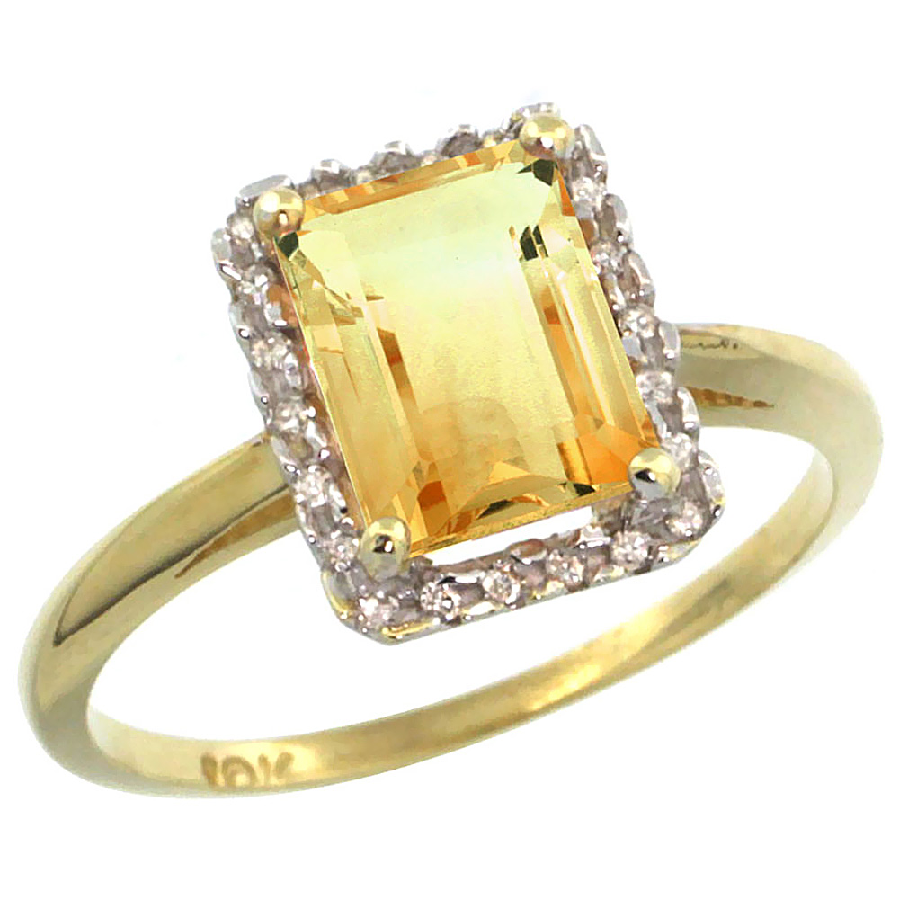 14K Yellow Gold Diamond Natural Citrine Ring Emerald-cut 8x6mm, sizes 5-10