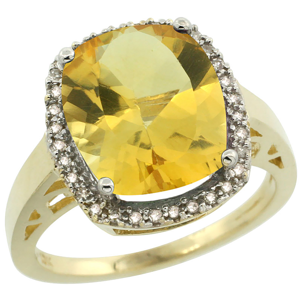 14K Yellow Gold Diamond Natural Citrine Ring Cushion-cut 12x10mm, sizes 5-10