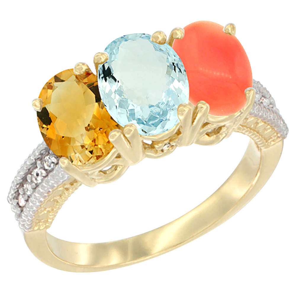 14K Yellow Gold Natural Citrine, Aquamarine & Coral Ring 3-Stone 7x5 mm Oval Diamond Accent, sizes 5 - 10