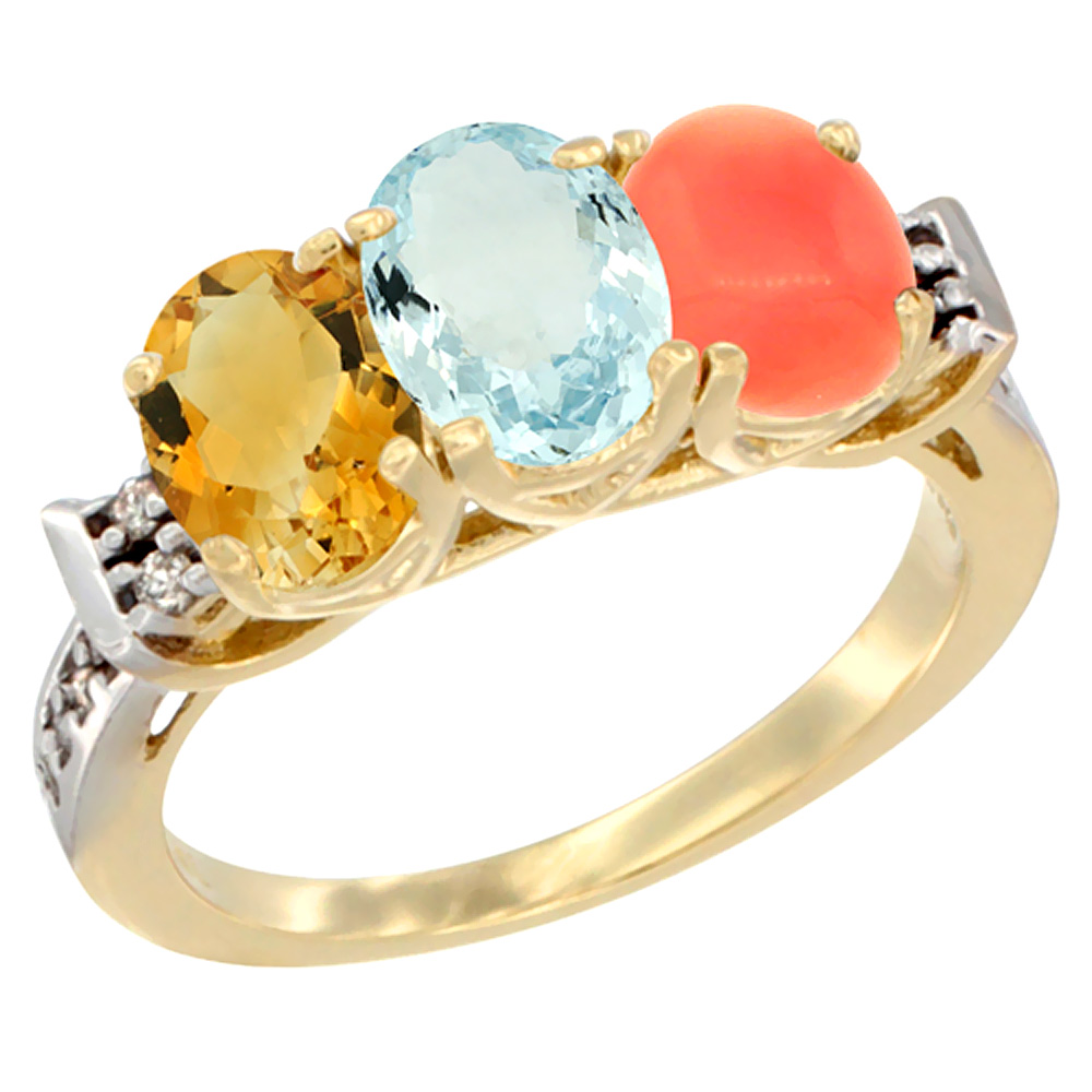 10K Yellow Gold Natural Citrine, Aquamarine & Coral Ring 3-Stone Oval 7x5 mm Diamond Accent, sizes 5 - 10