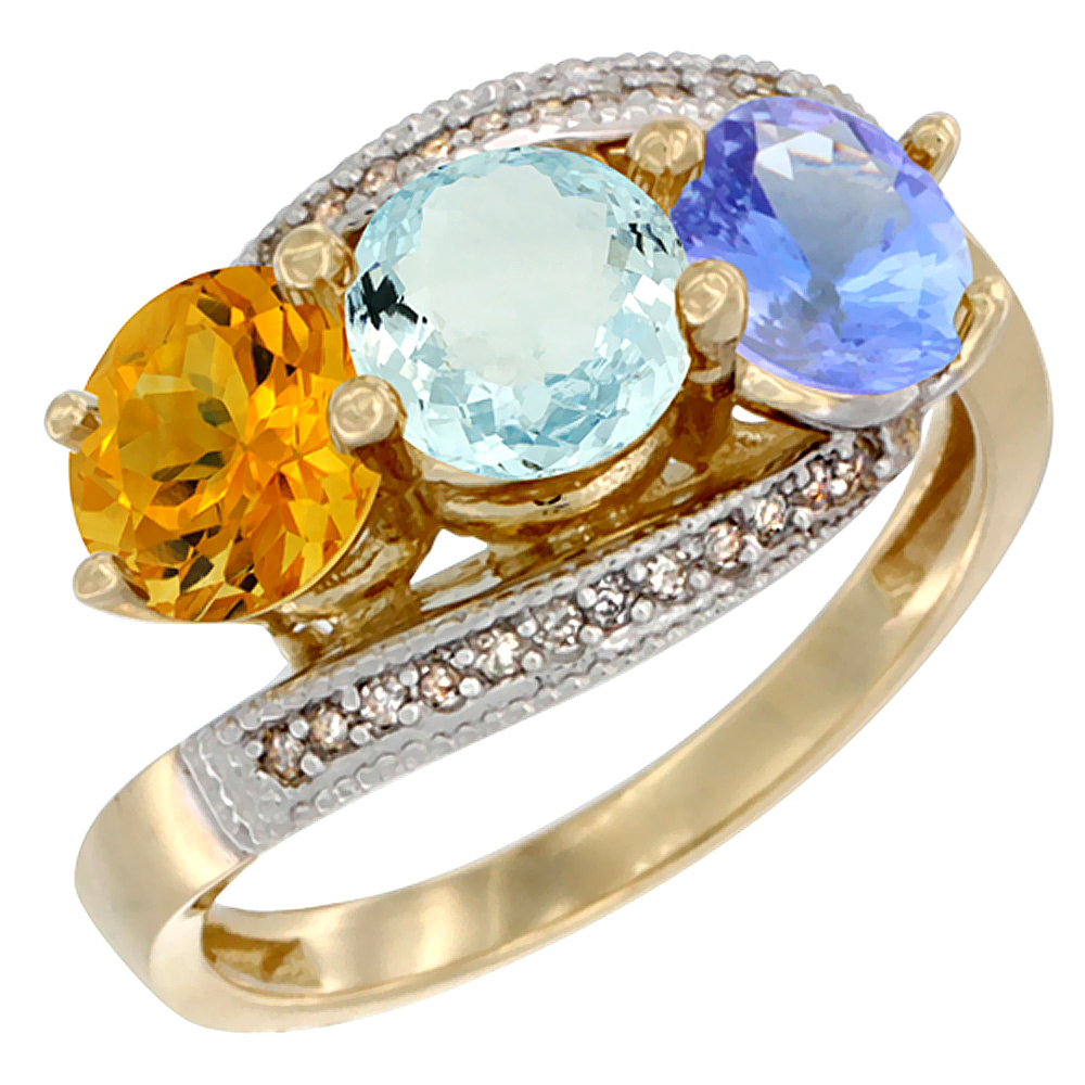14K Yellow Gold Natural Citrine, Aquamarine &amp; Tanzanite 3 stone Ring Round 6mm Diamond Accent, sizes 5 - 10