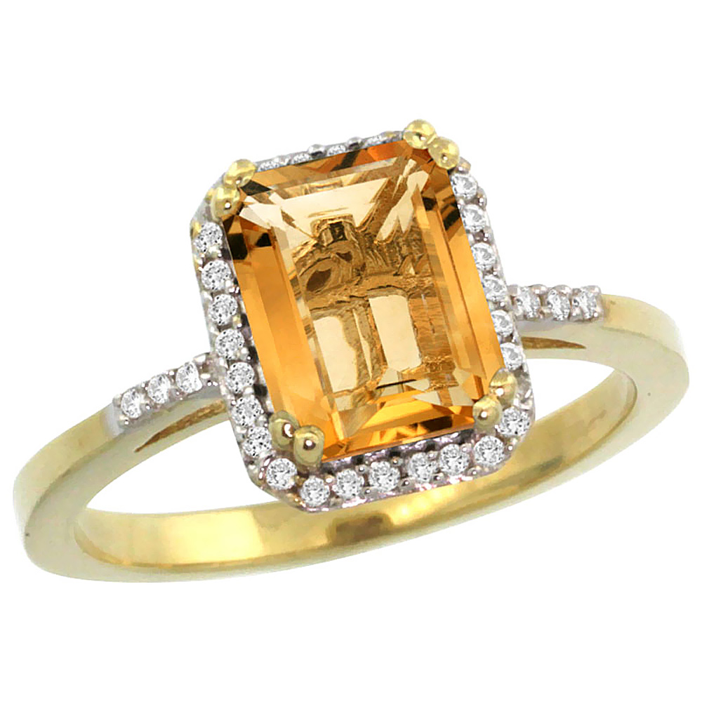 10K Yellow Gold Diamond Natural Citrine Ring Emerald-cut 8x6mm, sizes 5-10