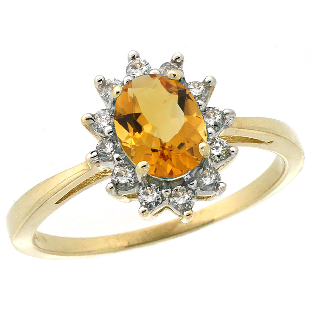 14K Yellow Gold Natural Citrine Engagement Ring Oval 7x5mm Diamond Halo, sizes 5-10