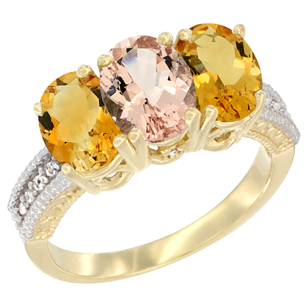 14K Yellow Gold Natural Morganite &amp; Citrine Sides Ring 3-Stone 7x5 mm Oval Diamond Accent, sizes 5 - 10