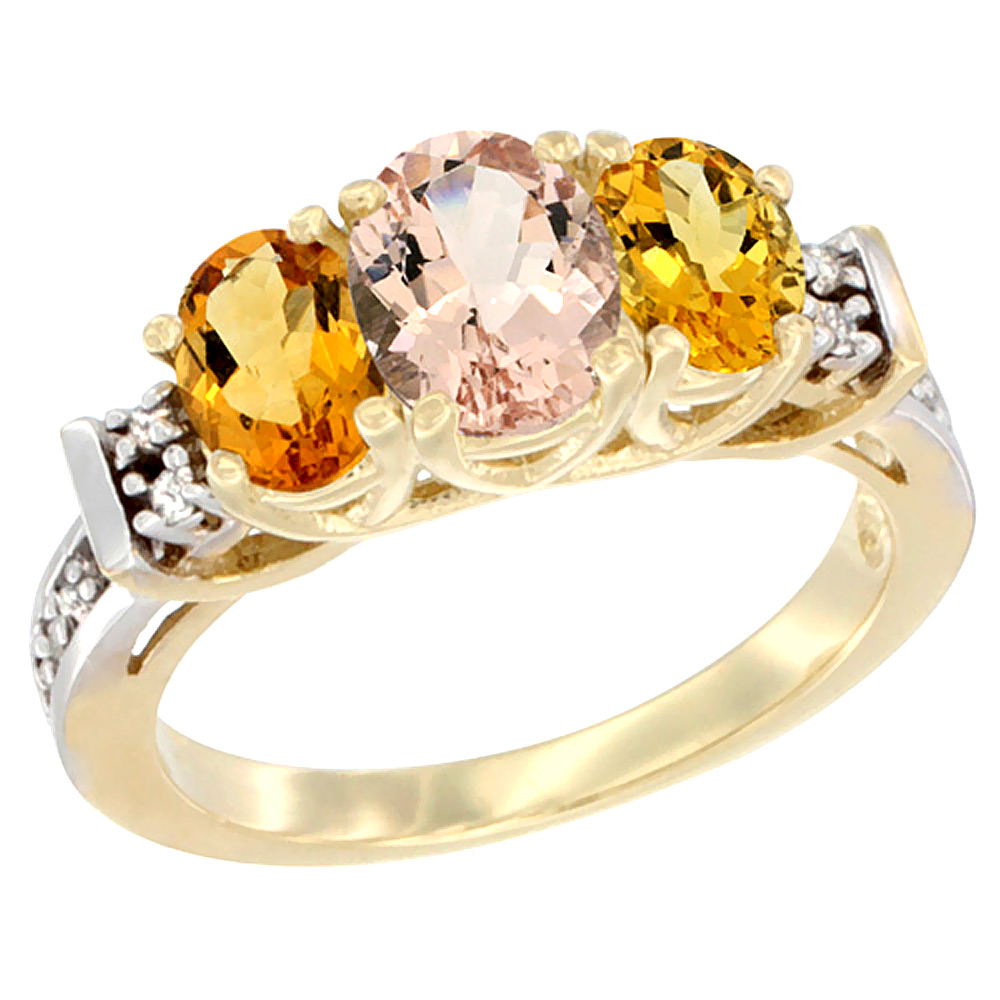 10K Yellow Gold Natural Morganite & Citrine Ring 3-Stone Oval Diamond Accent