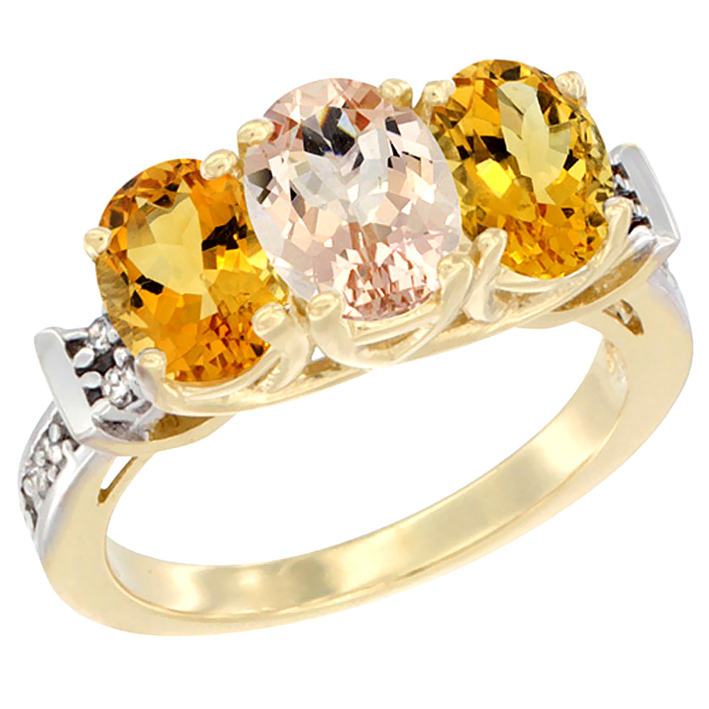 14K Yellow Gold Natural Morganite &amp; Citrine Sides Ring 3-Stone Oval Diamond Accent, sizes 5 - 10