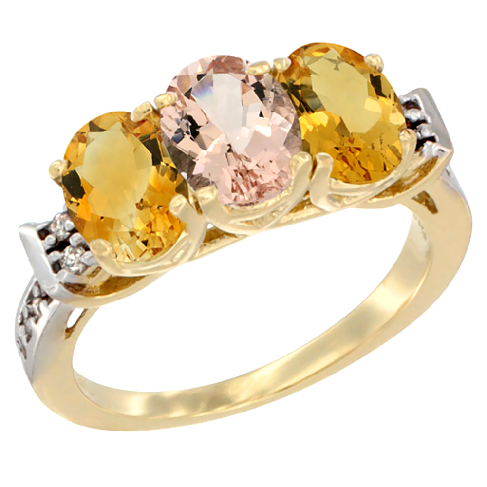 14K Yellow Gold Natural Morganite &amp; Citrine Sides Ring 3-Stone 7x5 mm Oval Diamond Accent, sizes 5 - 10