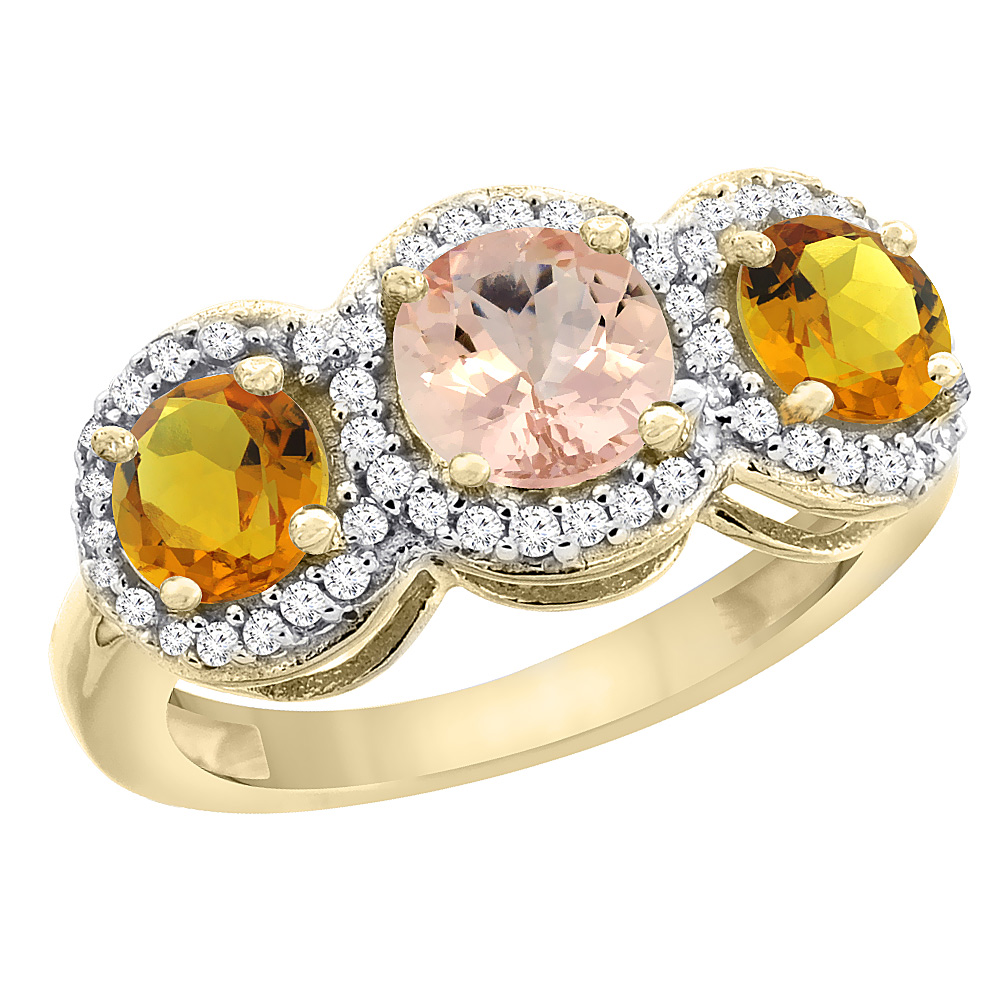 10K Yellow Gold Natural Morganite & Citrine Sides Round 3-stone Ring Diamond Accents, sizes 5 - 10