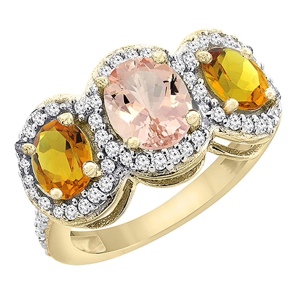 14K Yellow Gold Natural Morganite & Citrine 3-Stone Ring Oval Diamond Accent, sizes 5 - 10