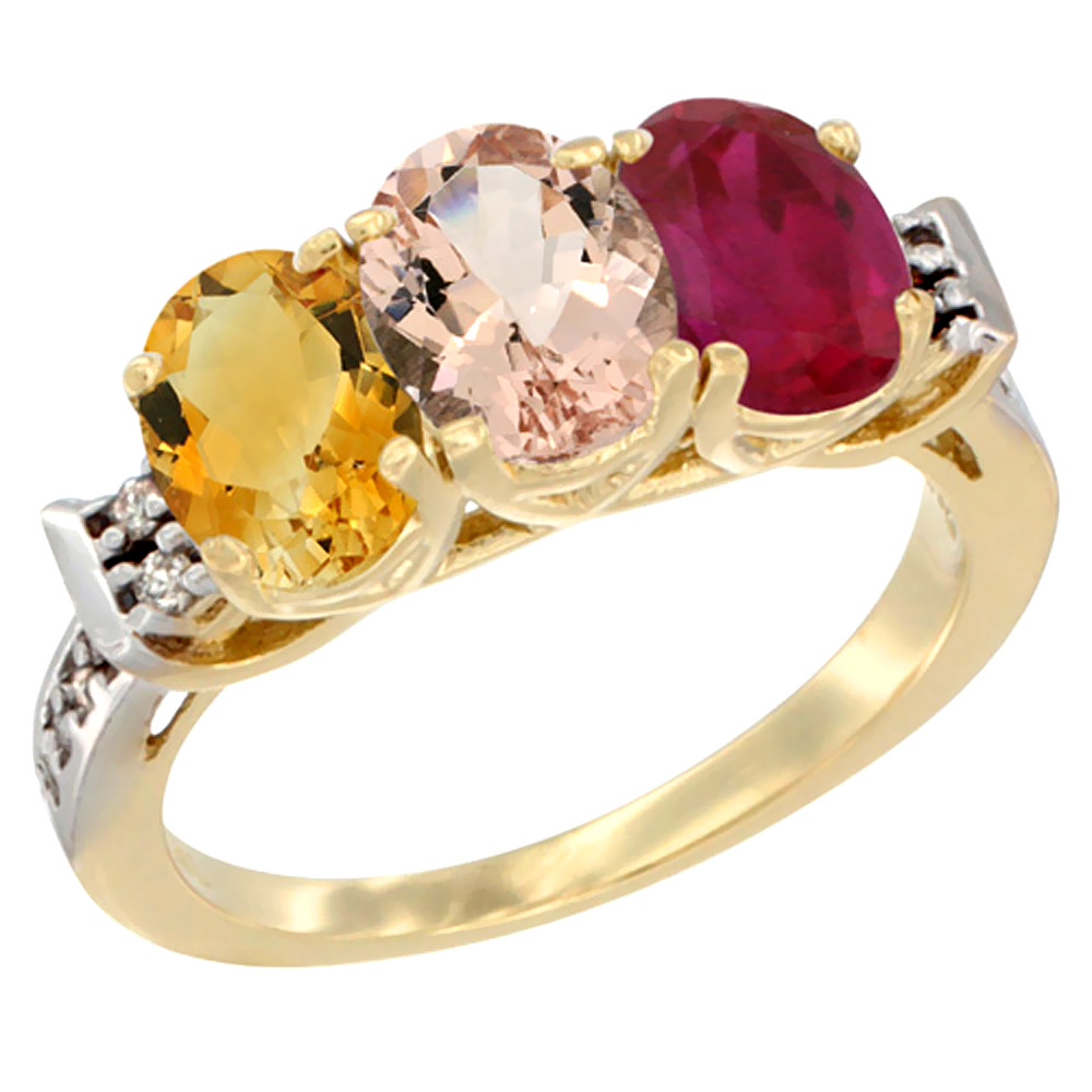 14K Yellow Gold Natural Citrine, Morganite & Enhanced Ruby Ring 3-Stone 7x5 mm Oval Diamond Accent, sizes 5 - 10