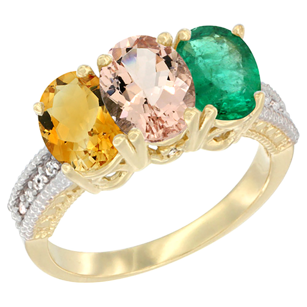 10K Yellow Gold Diamond Natural Citrine, Morganite &amp; Emerald Ring 3-Stone 7x5 mm Oval, sizes 5 - 10