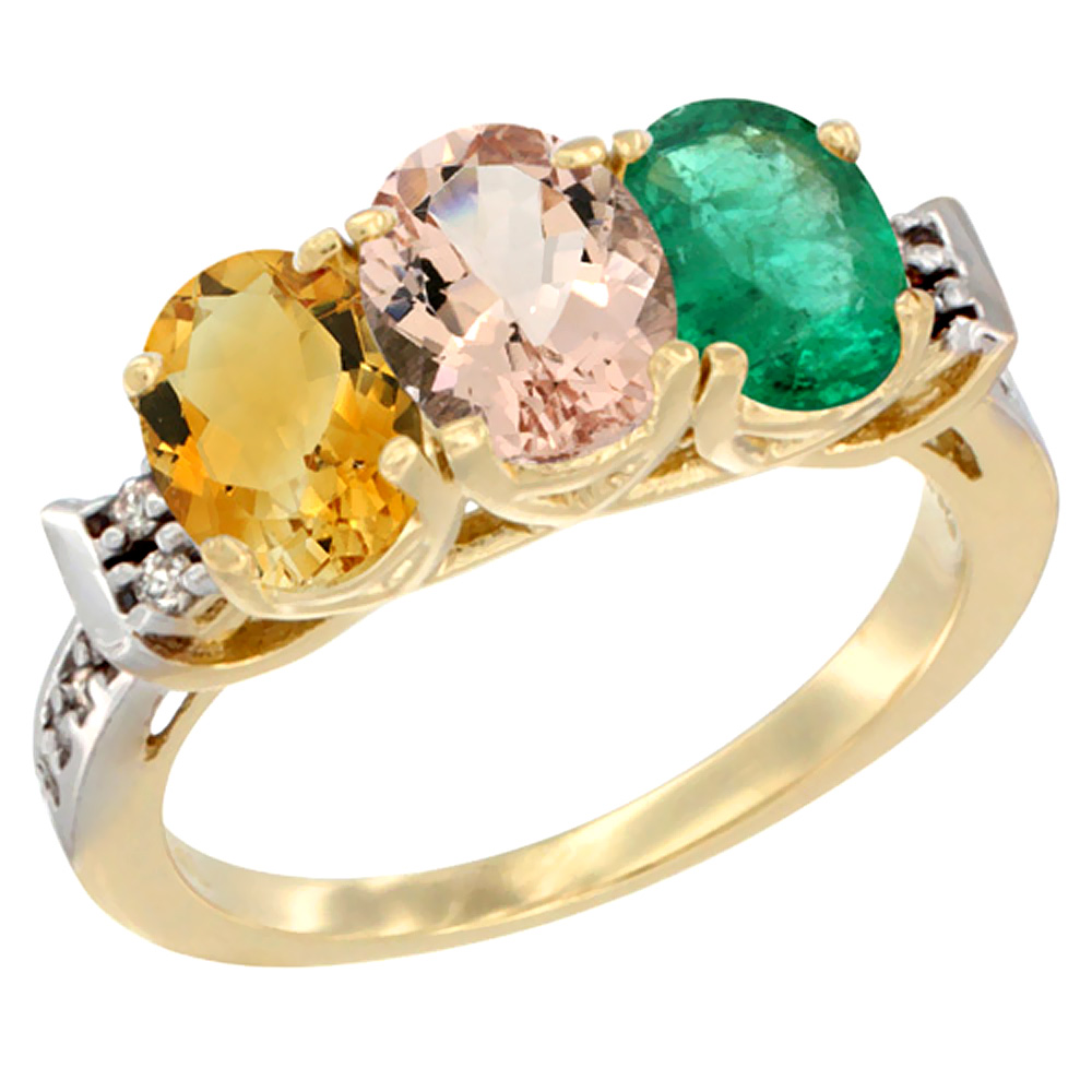 14K Yellow Gold Natural Citrine, Morganite &amp; Emerald Ring 3-Stone 7x5 mm Oval Diamond Accent, sizes 5 - 10