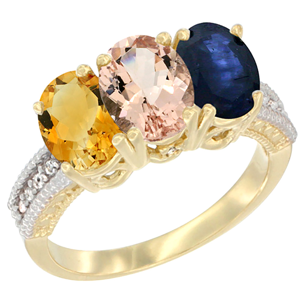 10K Yellow Gold Diamond Natural Citrine, Morganite & Blue Sapphire Ring 3-Stone 7x5 mm Oval, sizes 5 - 10