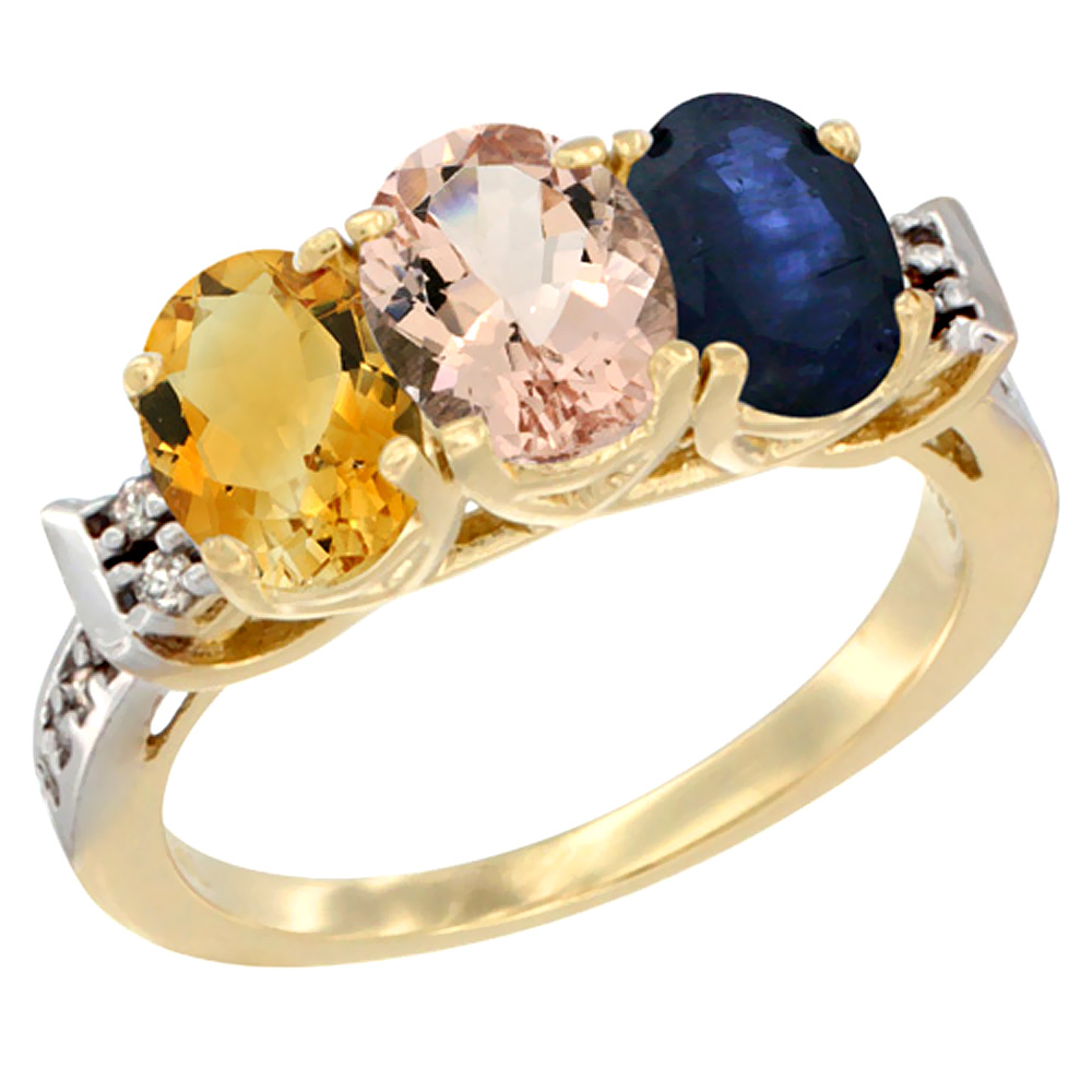 14K Yellow Gold Natural Citrine, Morganite & Blue Sapphire Ring 3-Stone 7x5 mm Oval Diamond Accent, sizes 5 - 10