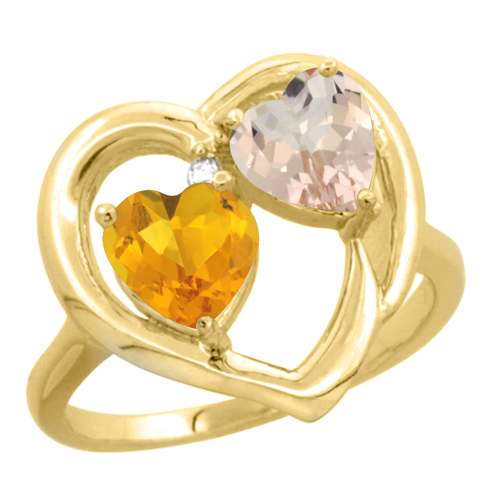 10K Yellow Gold Diamond Two-stone Heart Ring 6mm Natural Citrine &amp; Morganite, sizes 5-10
