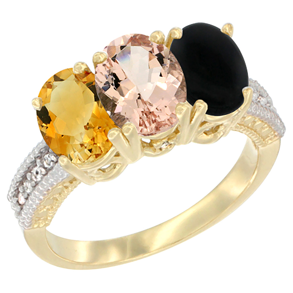 14K Yellow Gold Natural Citrine, Morganite &amp; Black Onyx Ring 3-Stone 7x5 mm Oval Diamond Accent, sizes 5 - 10