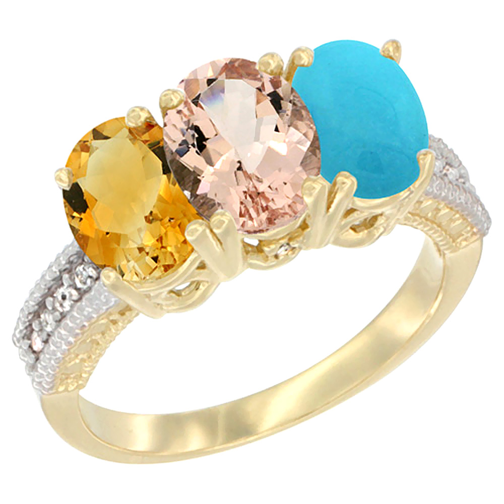 10K Yellow Gold Diamond Natural Citrine, Morganite &amp; Turquoise Ring 3-Stone 7x5 mm Oval, sizes 5 - 10