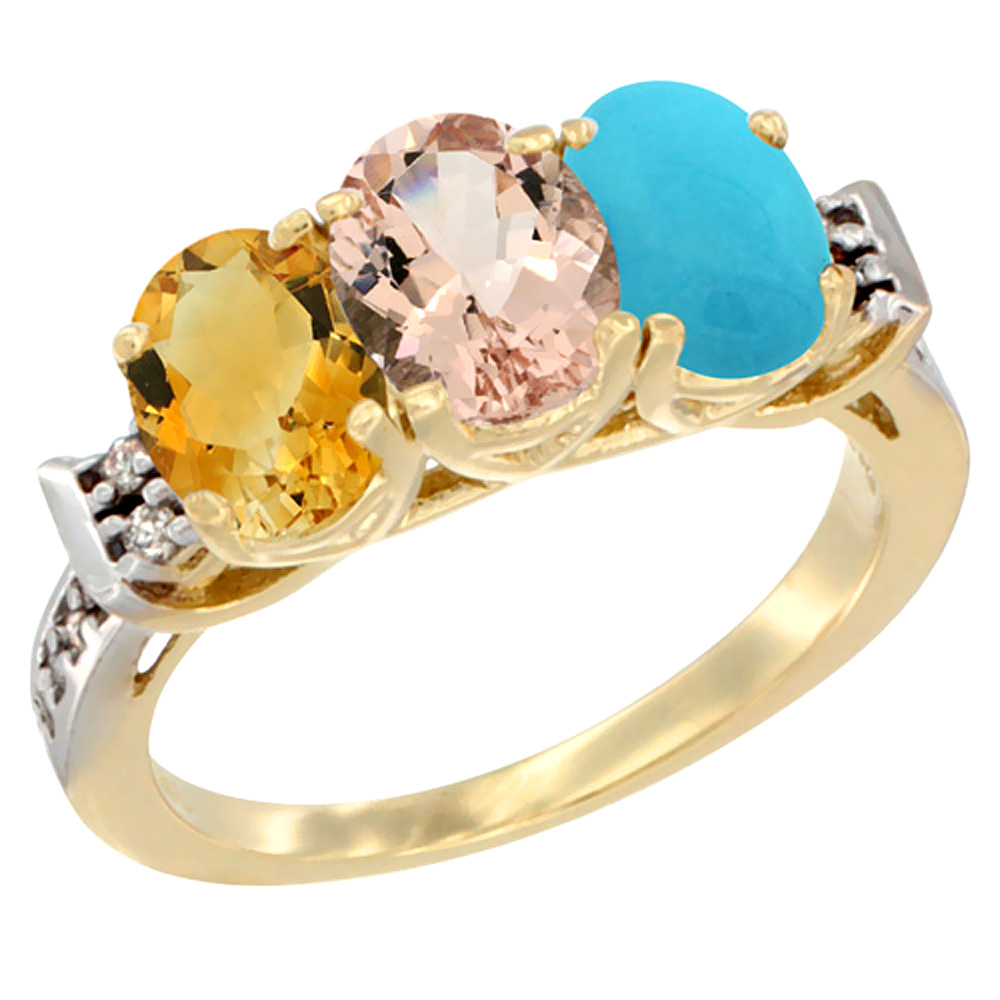 14K Yellow Gold Natural Citrine, Morganite &amp; Turquoise Ring 3-Stone 7x5 mm Oval Diamond Accent, sizes 5 - 10