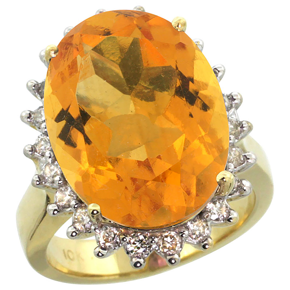 14k Yellow Gold Diamond Halo Natural Citrine Ring Large Oval 18x13mm, sizes 5-10