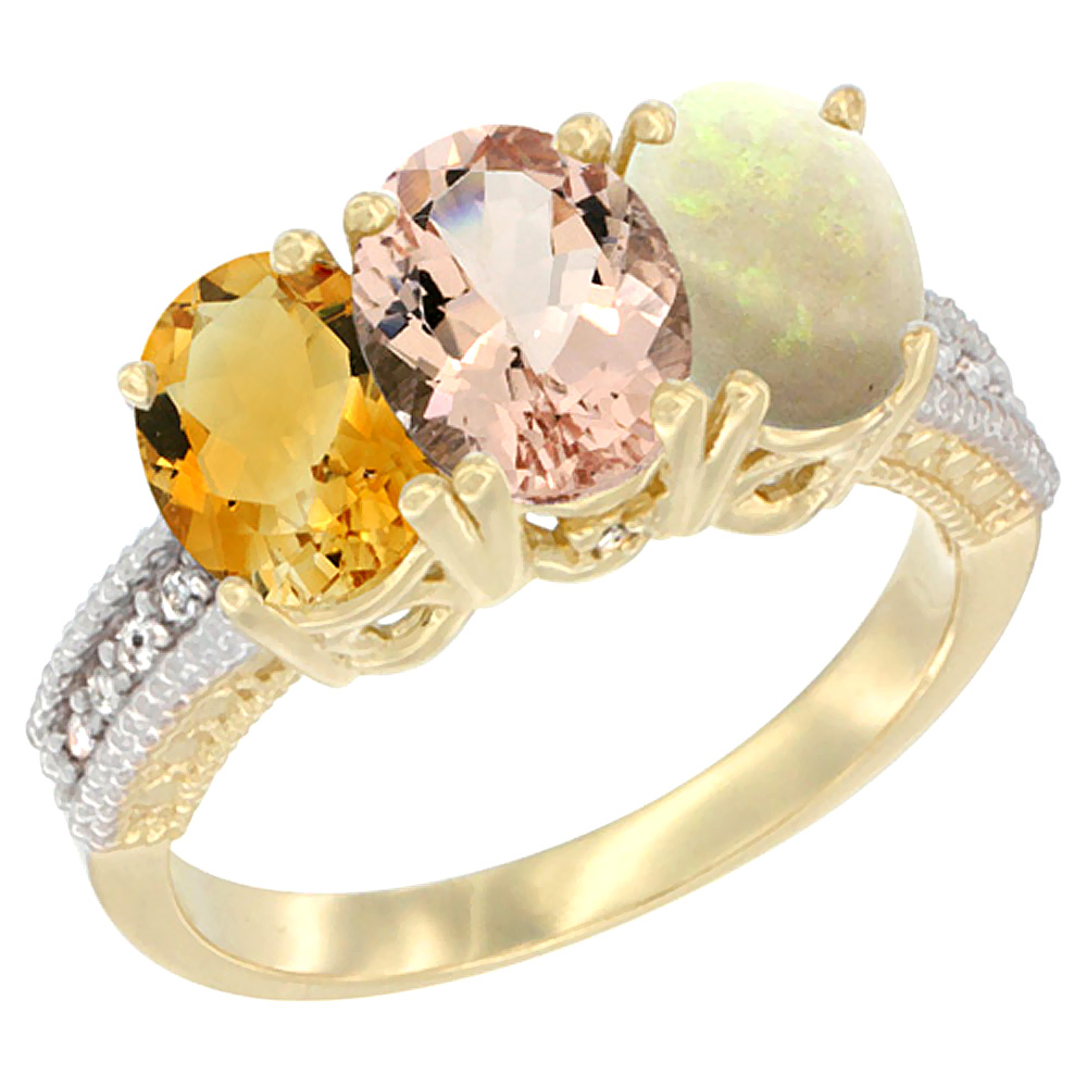 14K Yellow Gold Natural Citrine, Morganite & Opal Ring 3-Stone 7x5 mm Oval Diamond Accent, sizes 5 - 10