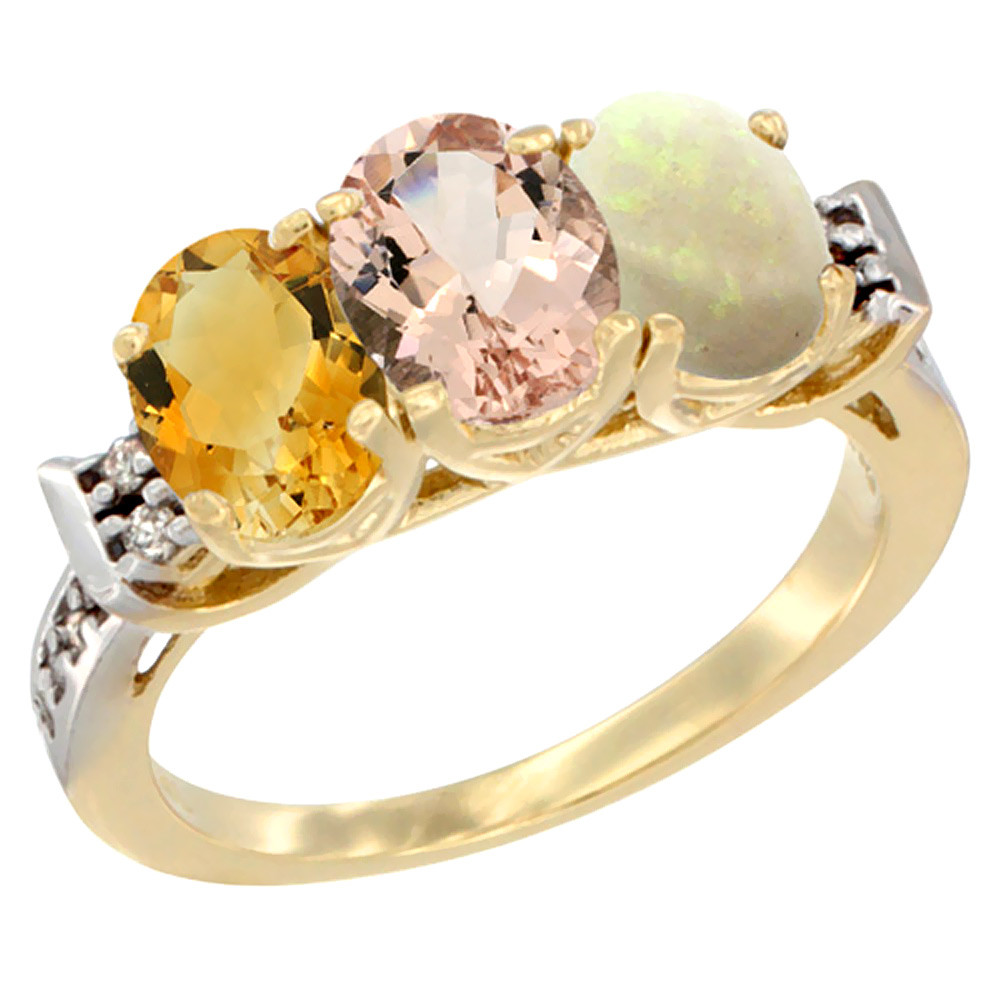 14K Yellow Gold Natural Citrine, Morganite &amp; Opal Ring 3-Stone 7x5 mm Oval Diamond Accent, sizes 5 - 10