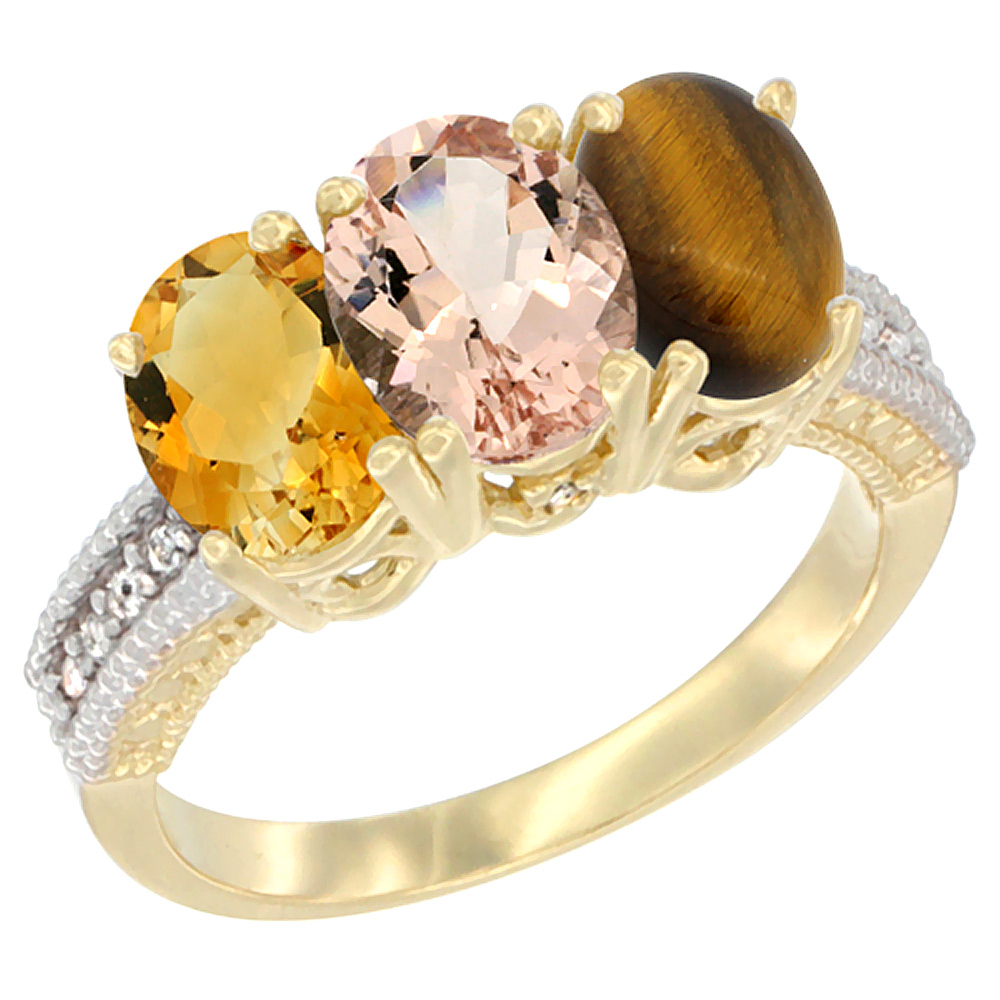 10K Yellow Gold Diamond Natural Citrine, Morganite &amp; Tiger Eye Ring 3-Stone 7x5 mm Oval, sizes 5 - 10