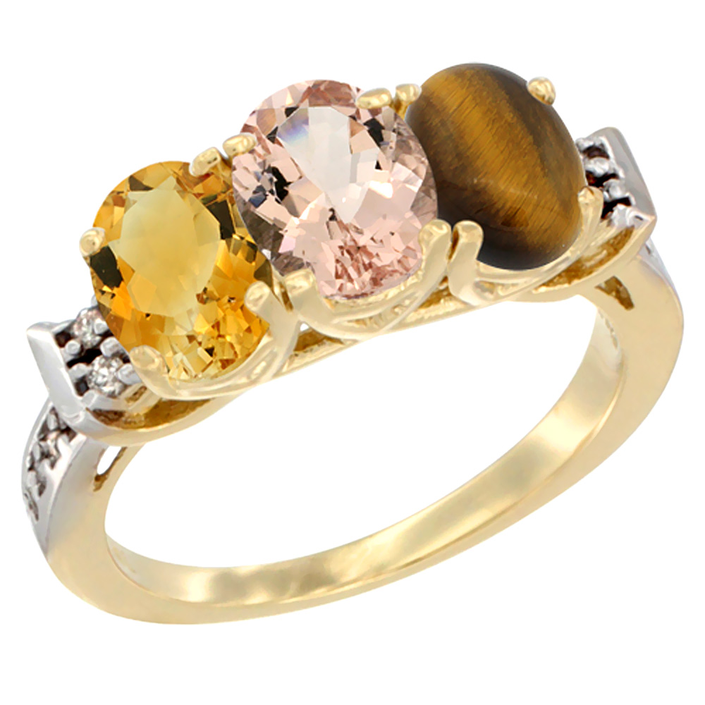 14K Yellow Gold Natural Citrine, Morganite & Tiger Eye Ring 3-Stone 7x5 mm Oval Diamond Accent, sizes 5 - 10