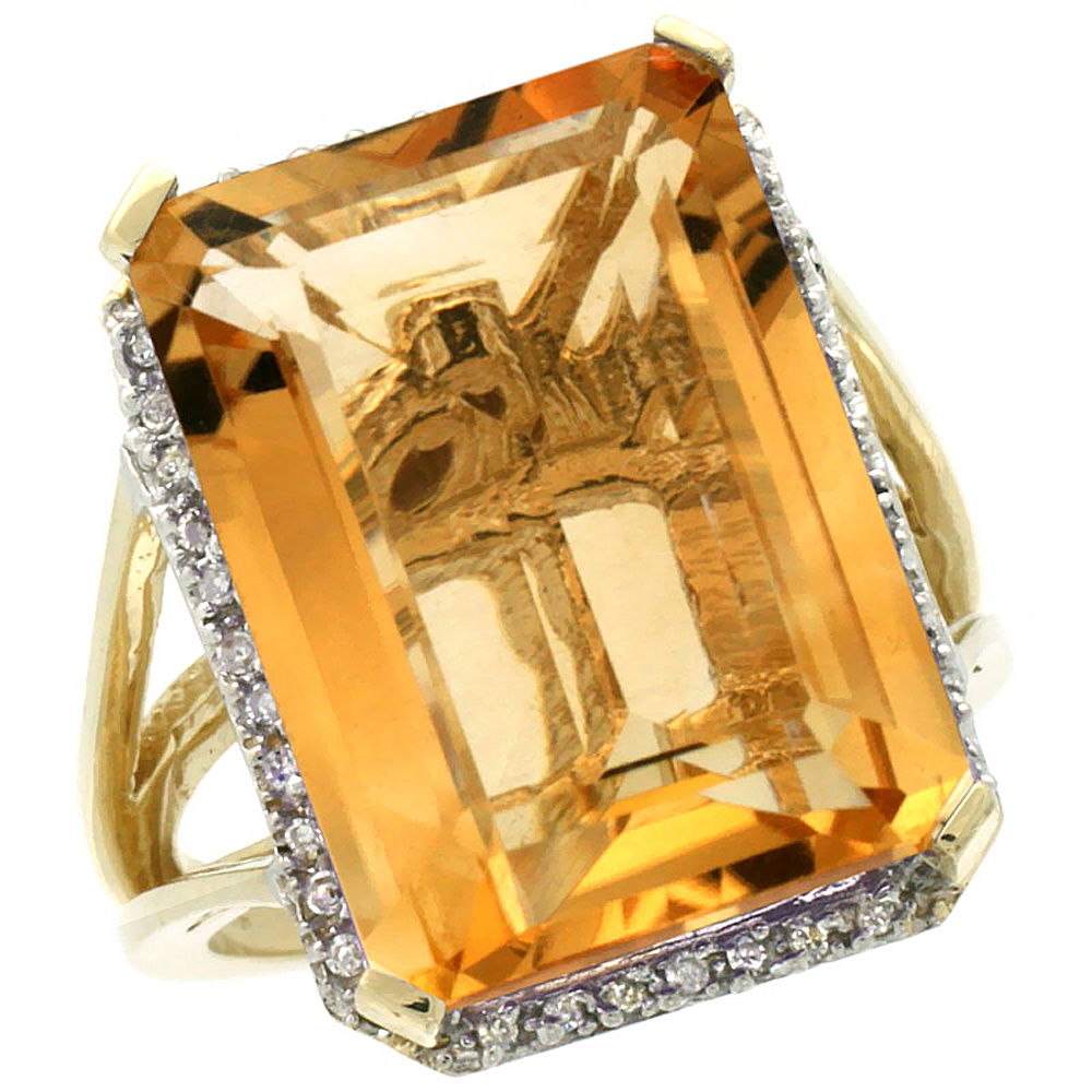 10K Yellow Gold Diamond Natural Citrine Ring Emerald-cut 18x13mm, sizes 5-10