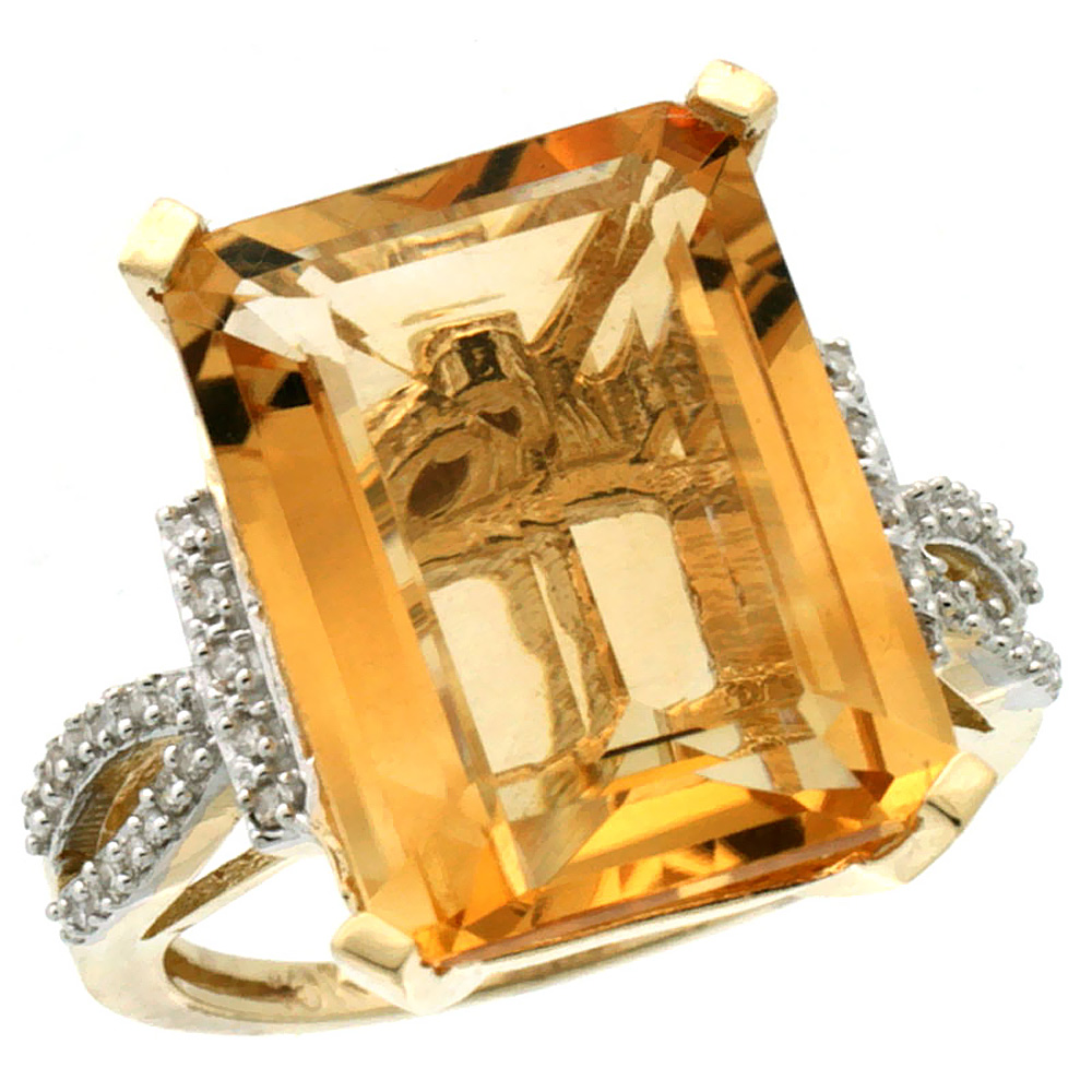 14K Yellow Gold Diamond Natural Citrine Ring Emerald-cut 16x12mm, sizes 5-10