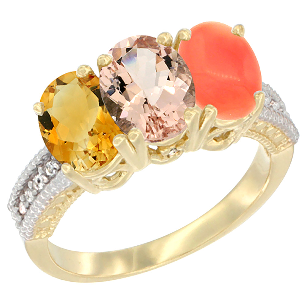 10K Yellow Gold Diamond Natural Citrine, Morganite &amp; Coral Ring 3-Stone 7x5 mm Oval, sizes 5 - 10
