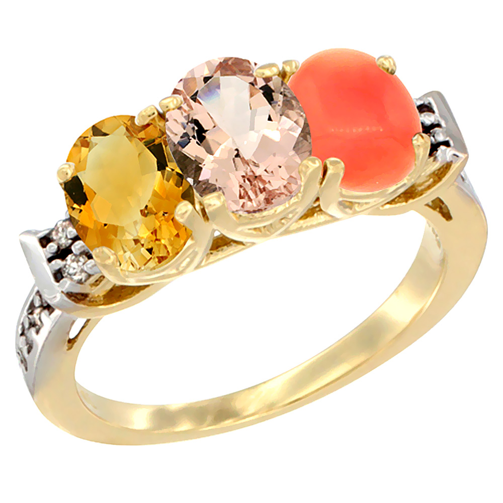 10K Yellow Gold Natural Citrine, Morganite & Coral Ring 3-Stone Oval 7x5 mm Diamond Accent, sizes 5 - 10