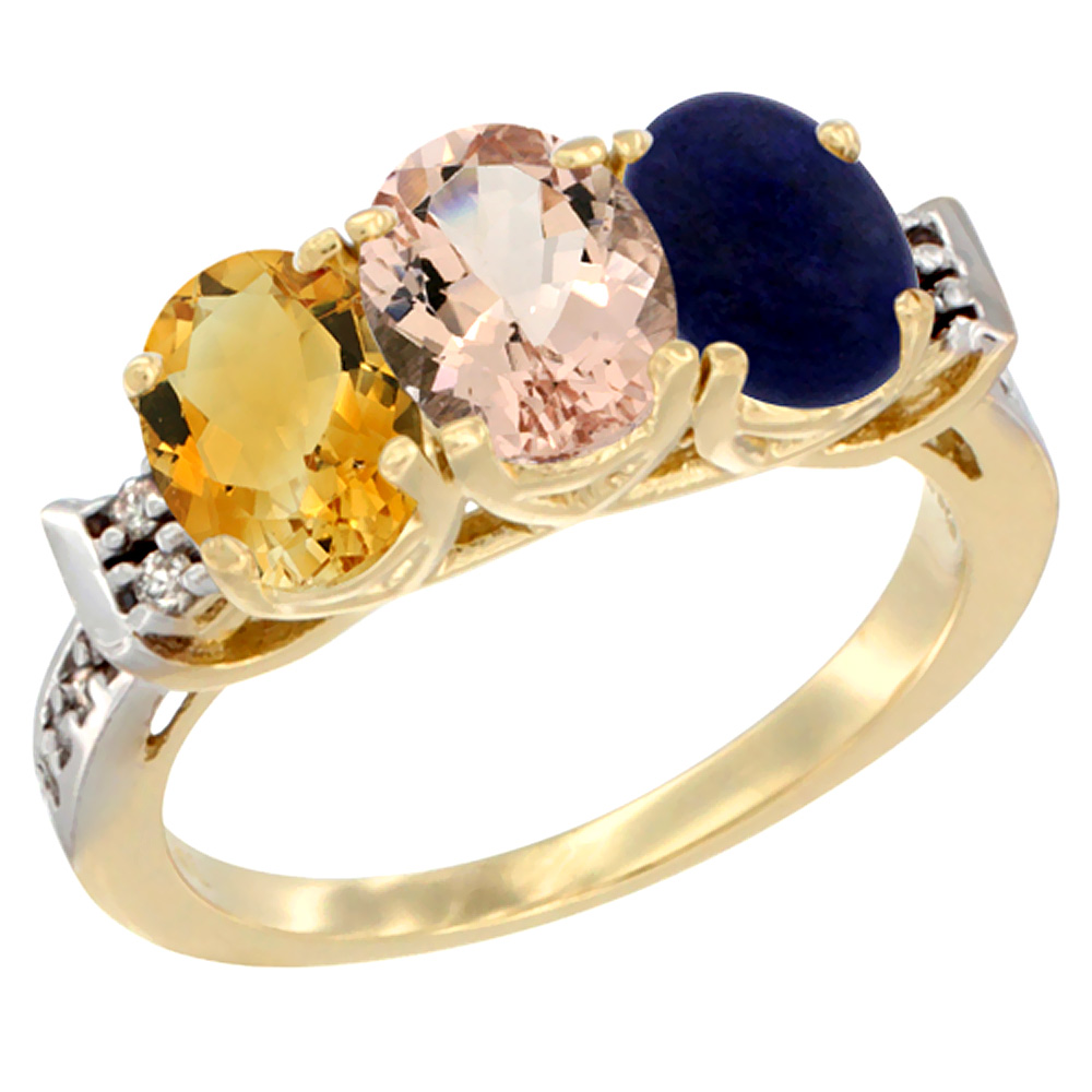 10K Yellow Gold Natural Citrine, Morganite & Lapis Ring 3-Stone Oval 7x5 mm Diamond Accent, sizes 5 - 10