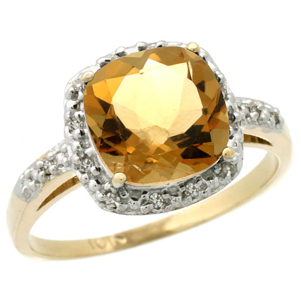 14K Yellow Gold Diamond Natural Citrine Ring Cushion-cut 8x8 mm, sizes 5-10
