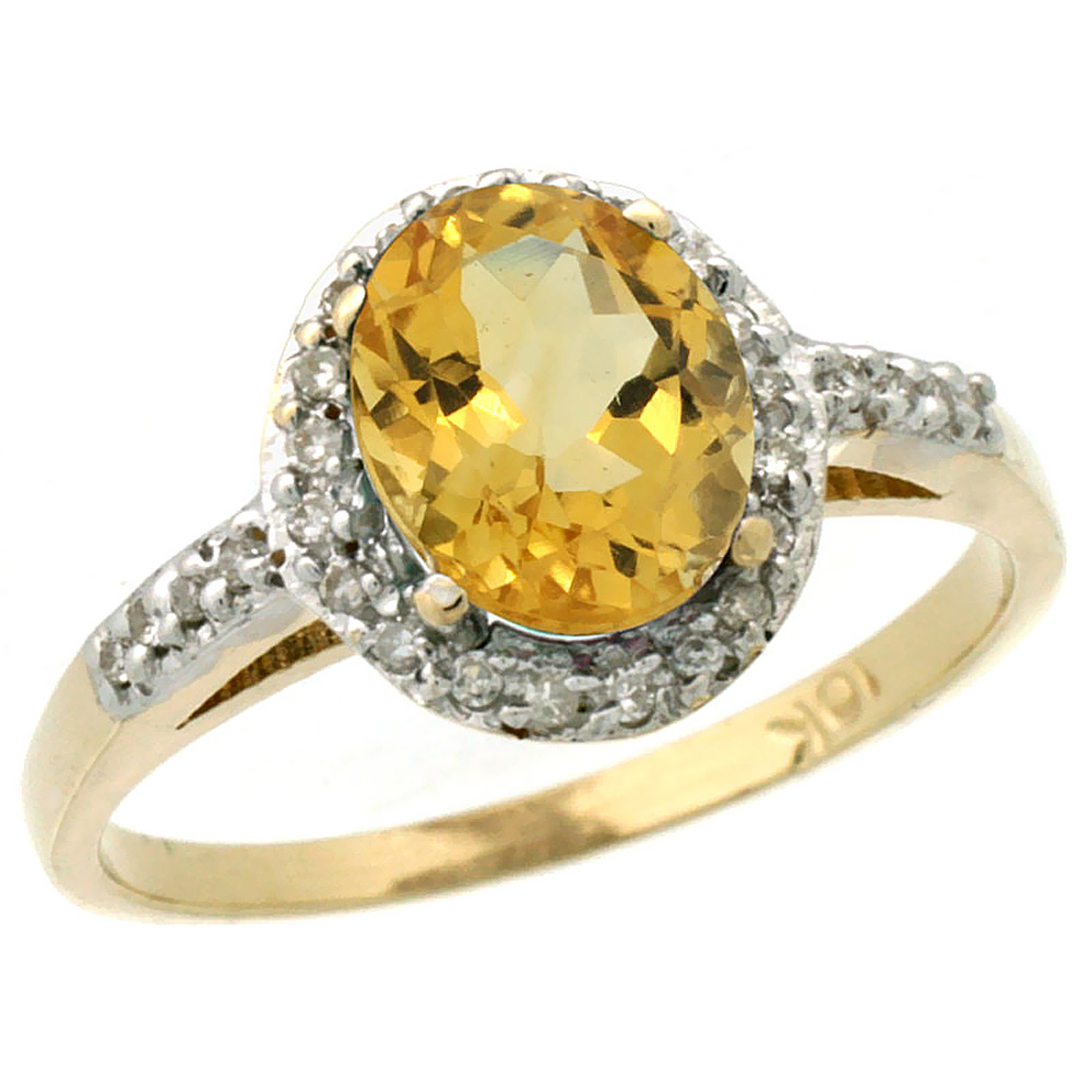 10K Yellow Gold Diamond Natural Citrine Ring Oval 8x6mm, sizes 5-10